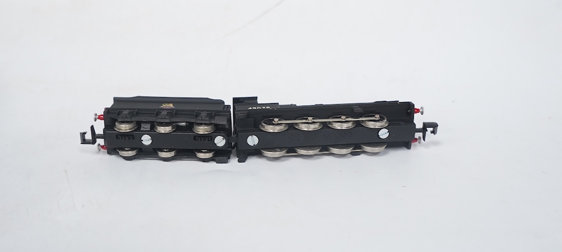 Three boxed Union Mills Models N gauge railway BR locomotives; a Class 3F, 43808, a Class 3F, 43808, and a Class G2, 49078. Condition - good.